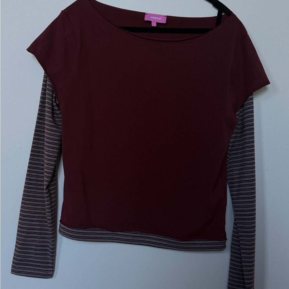 Edikted Layered-Style Long Sleeve Top in Burgundy with Striped Sleeves